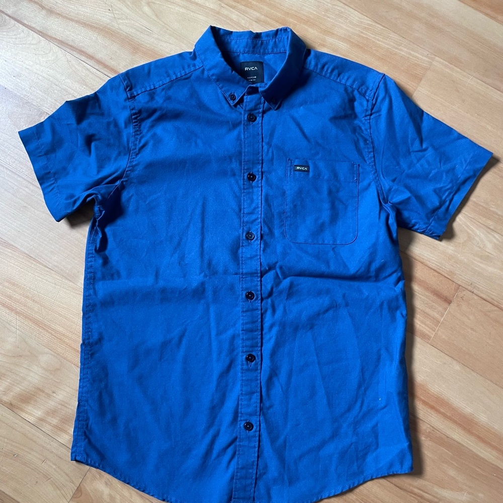 RVCA Men's Blue Slim Fit Short Sleeve Shirt